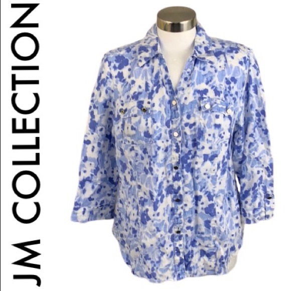 JM Collection Tops - JM COLLECTION BLUE WHITE LINEN TOP SIZE 12 PETITE